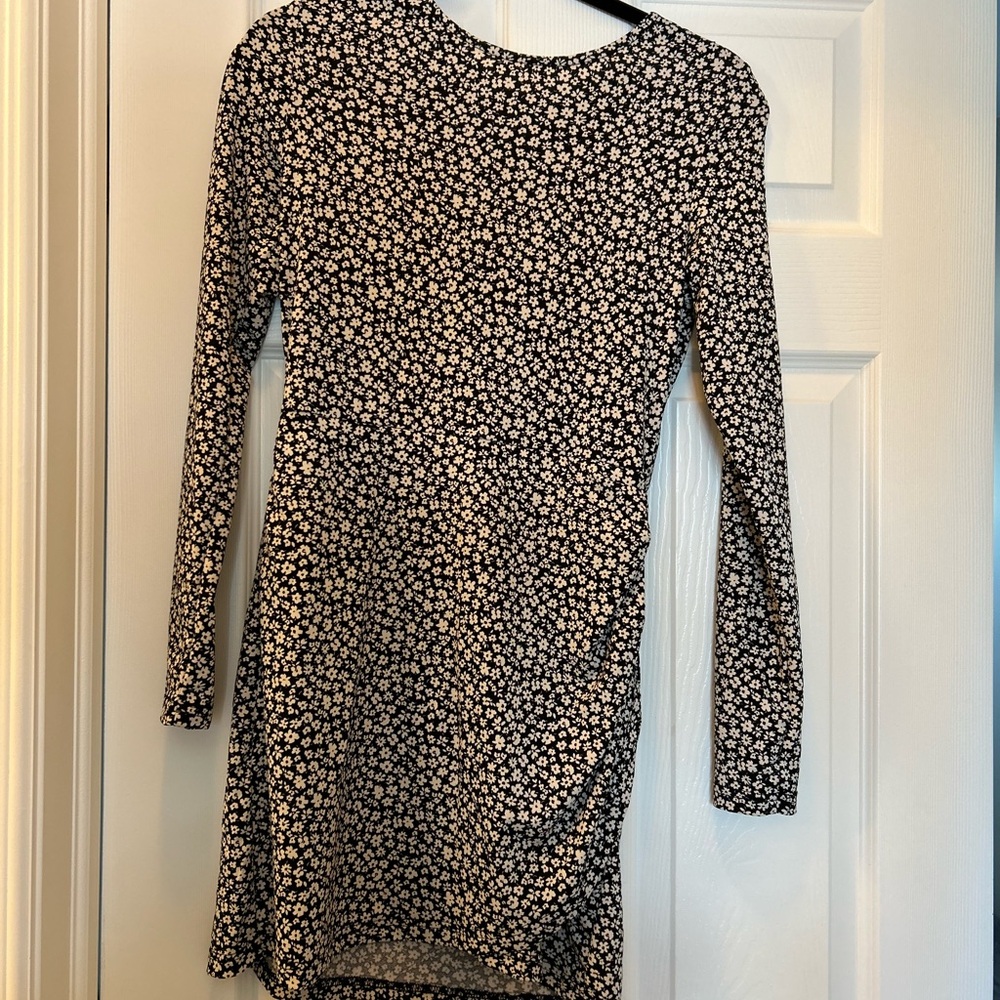 Mango Black and Cream Floral Long Sleeve Dress